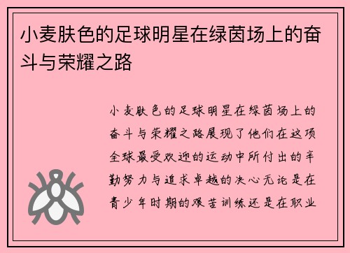 小麦肤色的足球明星在绿茵场上的奋斗与荣耀之路